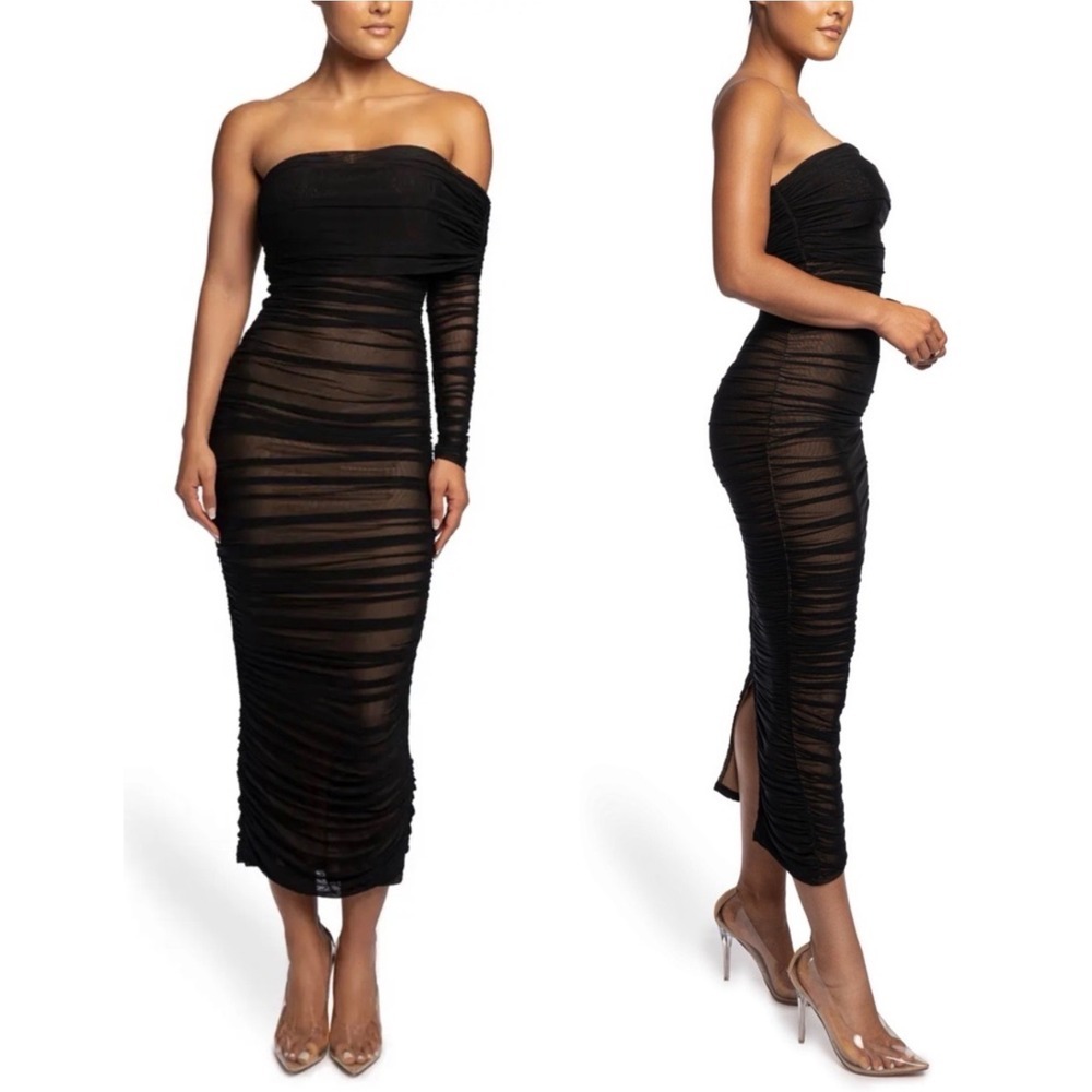 JLUXLABEL Midi Dress Women M Black Ruched One Shoulder Mesh DJL30248BL Bodycon